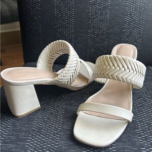 BCBG Women's Cream Woven Strap Mules